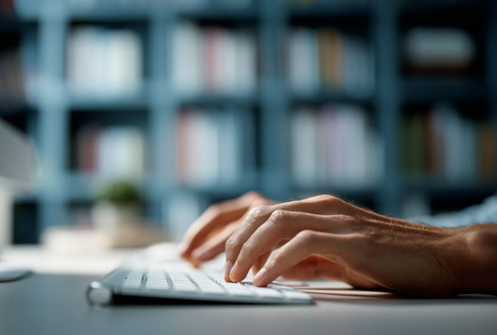 TEXTSCHLEIFEREI Hände über einer Tastatur vor einer Bücherwand